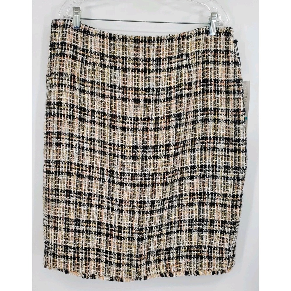 Calvin Klein Tweed Lined Fringe Hem Pencil Skirt Size 16 Black Beige Pink New - Picture 2 of 9